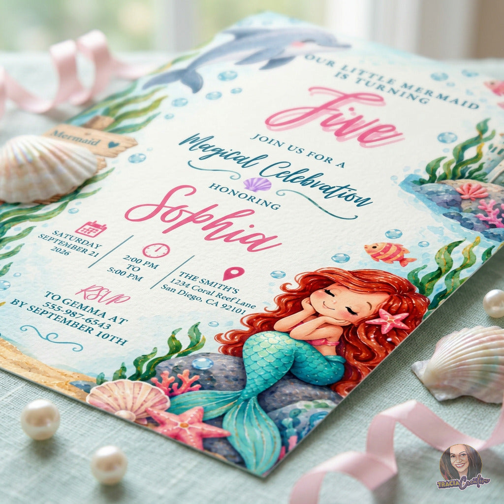 Our Little Mermaid Birthday Invitation Template, Under the Sea Kids’ Party Invite, Editable Canva Template, Printable 5x7 Invitation