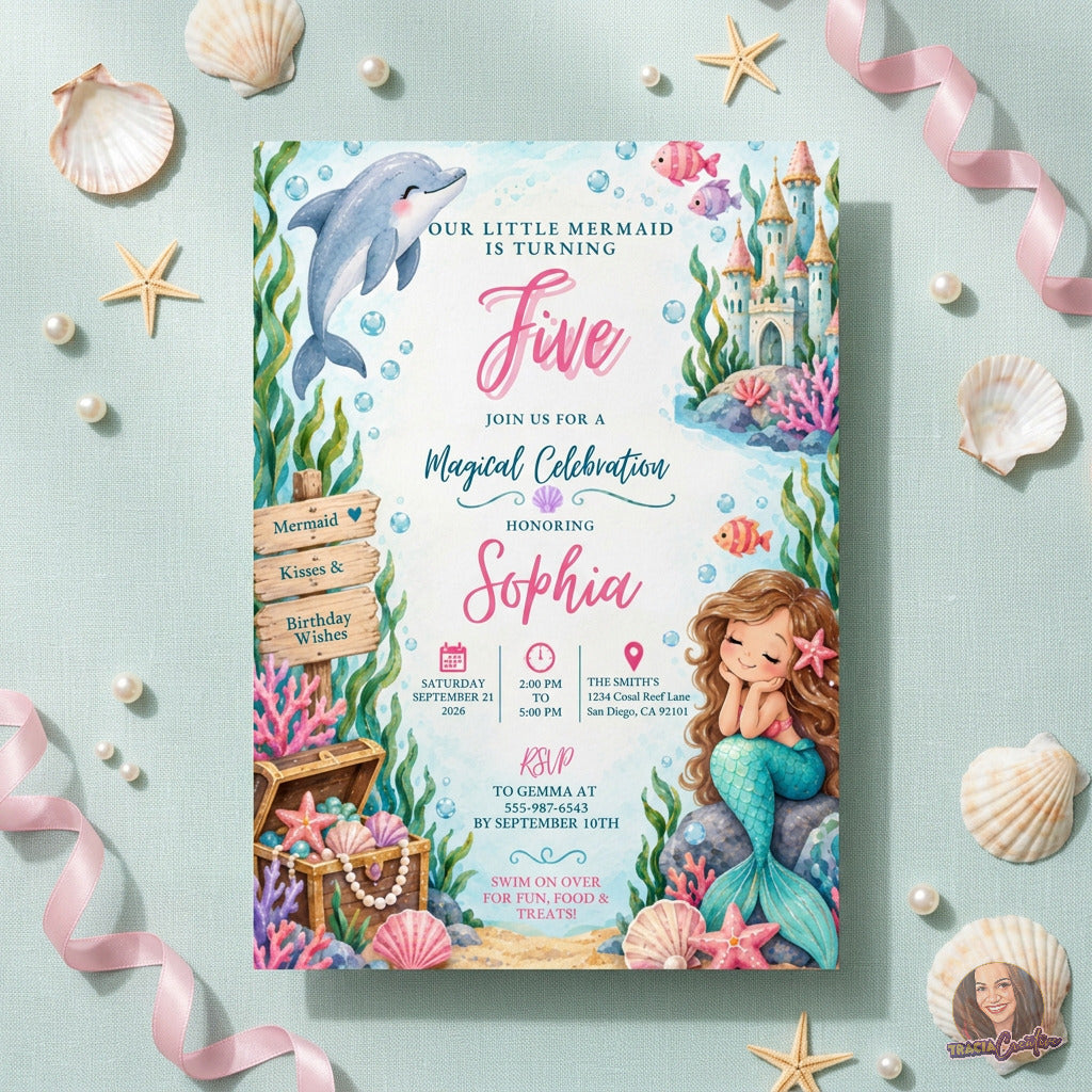 Our Little Mermaid Birthday Invitation Template, Under the Sea Kids’ Party Invite, Editable Canva Template, Printable 5x7 Invitation