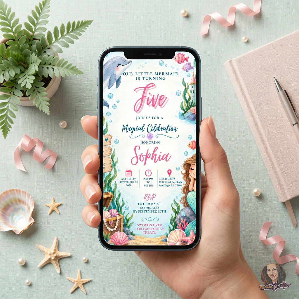 Our Little Mermaid Birthday Invitation Template, Under the Sea Kids’ Party Invite, Editable Canva Template, Printable 5x7 Invitation