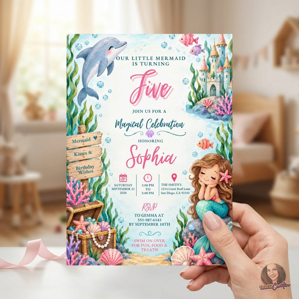 Our Little Mermaid Birthday Invitation Template, Under the Sea Kids’ Party Invite, Editable Canva Template, Printable 5x7 Invitation