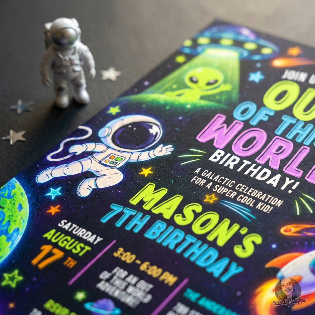 Angled close-up of the space birthday invitation showing neon lettering, a UFO and astronaut artwork.