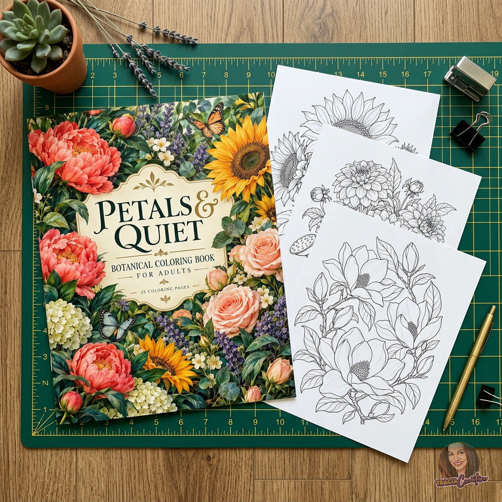 Botanical coloring-book cover with floral outline sheets on a green cutting mat.