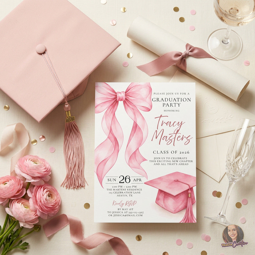 Pink Bow Graduation Party Invitation Template, Coquette Graduation Invite, Editable Canva Template, Printable 5x7 Invitation