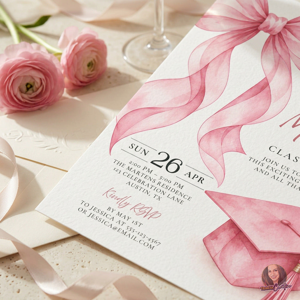 Pink Bow Graduation Party Invitation Template, Coquette Graduation Invite, Editable Canva Template, Printable 5x7 Invitation