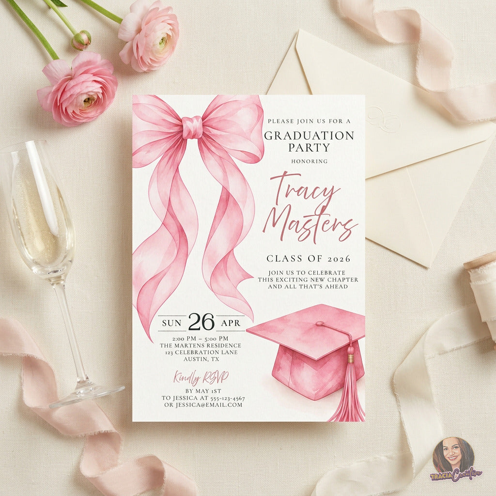 Pink Bow Graduation Party Invitation Template, Coquette Graduation Invite, Editable Canva Template, Printable 5x7 Invitation