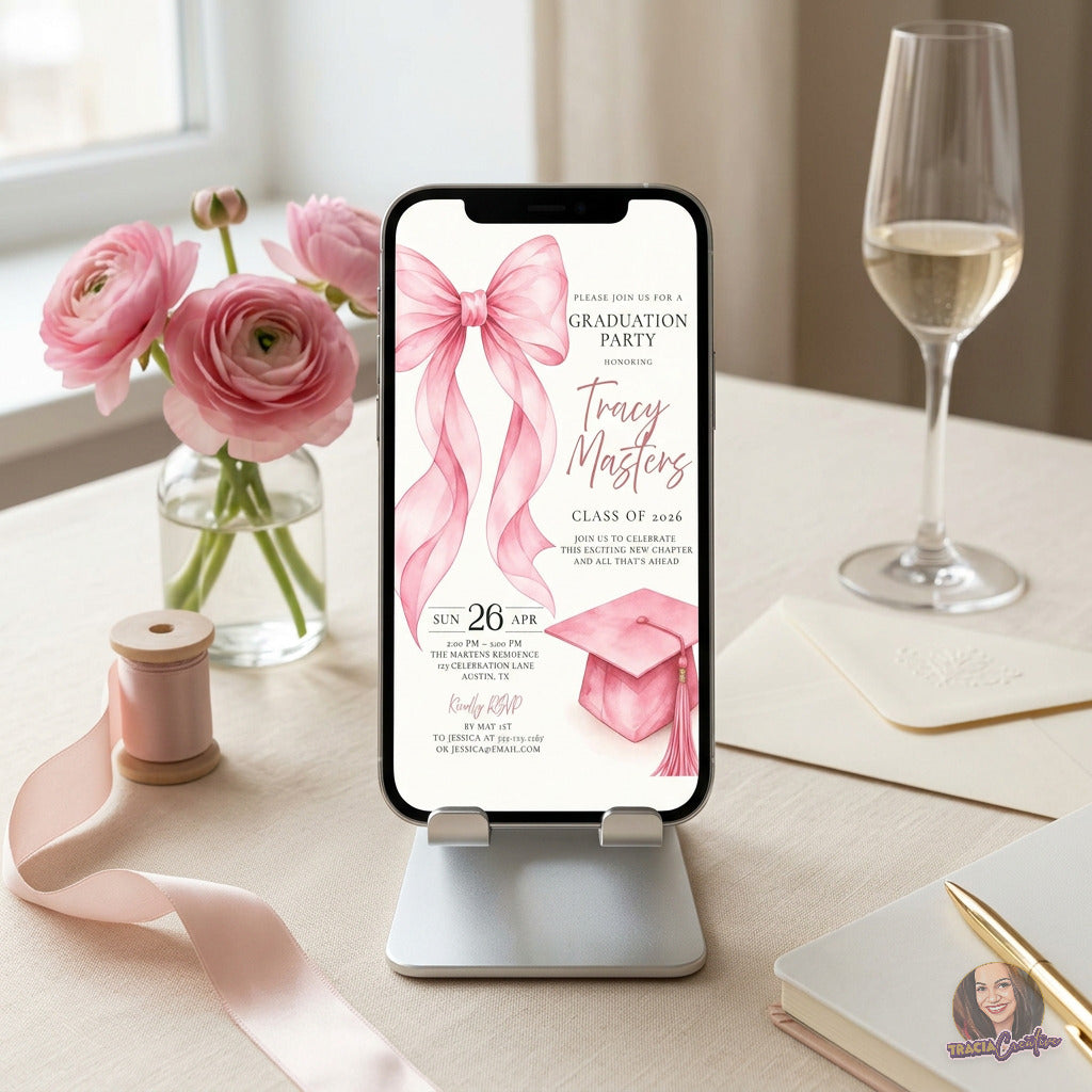 Pink Bow Graduation Party Invitation Template, Coquette Graduation Invite, Editable Canva Template, Printable 5x7 Invitation