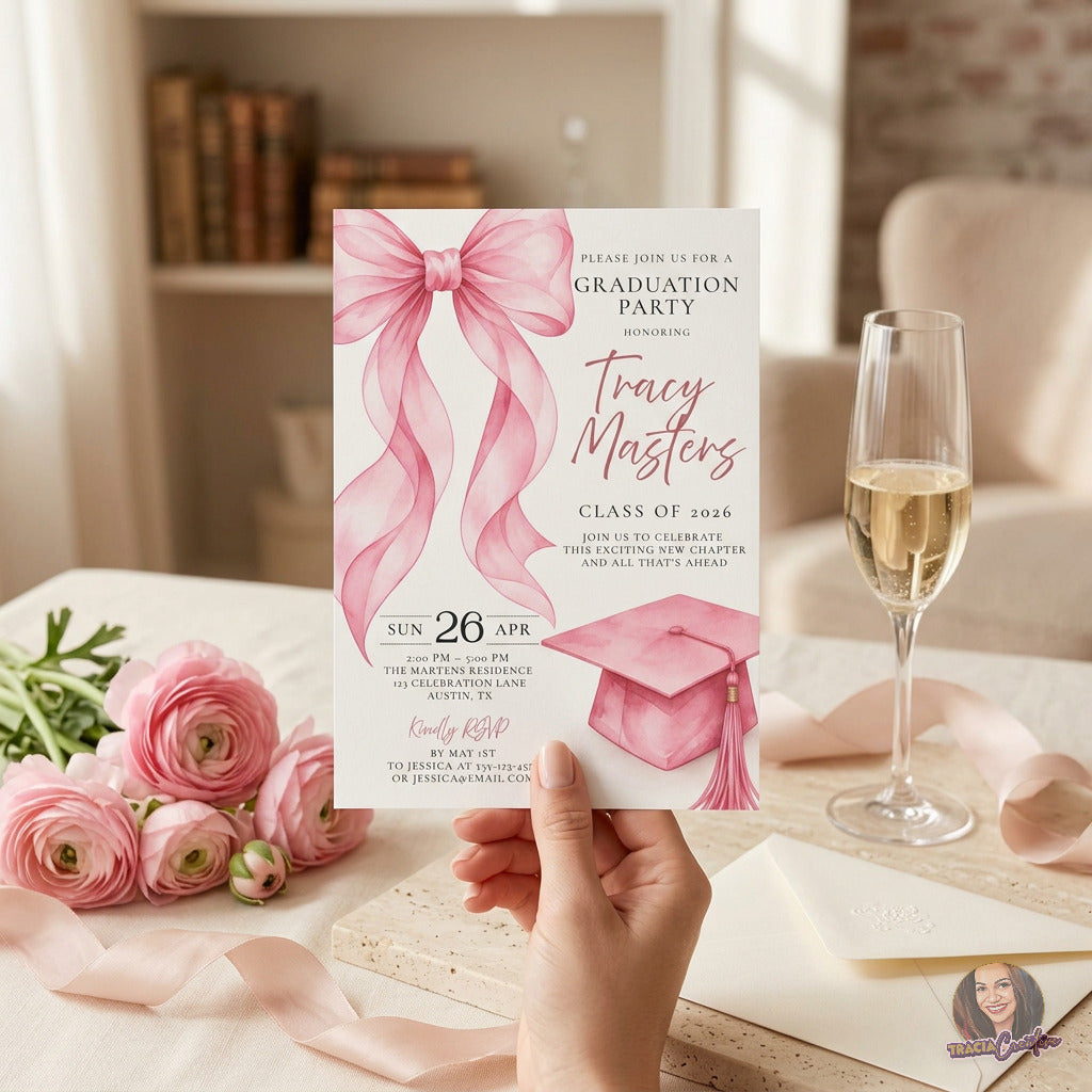 Pink Bow Graduation Party Invitation Template, Coquette Graduation Invite, Editable Canva Template, Printable 5x7 Invitation