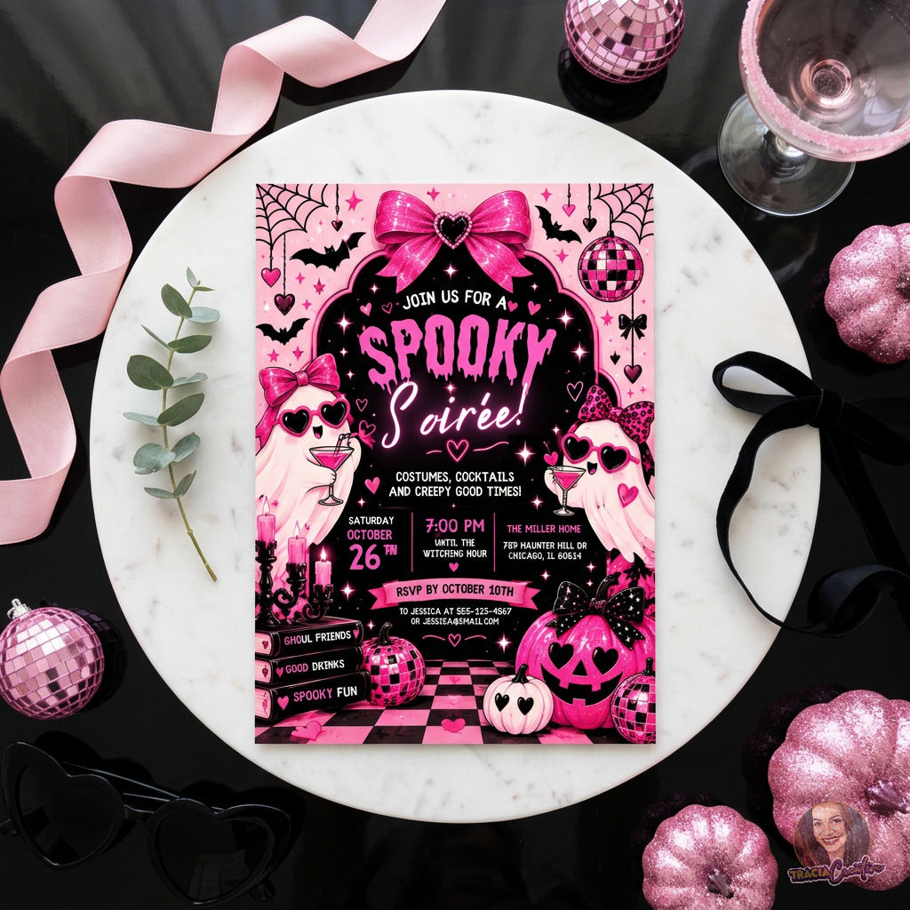 Pink Spooky Soiree invitation on a white plate with pink ribbon and a cocktail glass