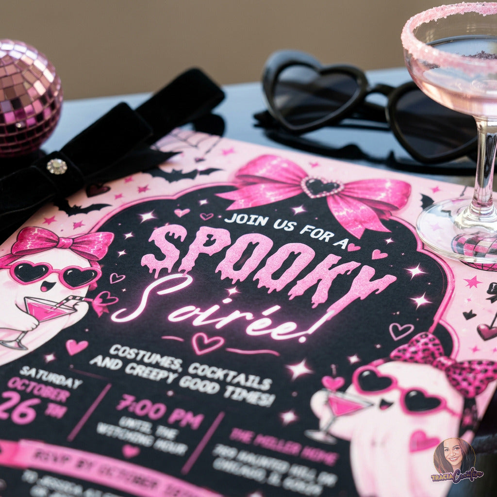 Close-up of pink Spooky Soiree lettering, bow and ghost illustrations