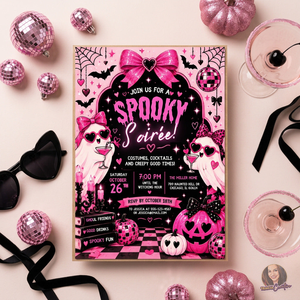 Pink Spooky Soiree invitation laid flat among disco balls, black ribbon and pink pumpkins