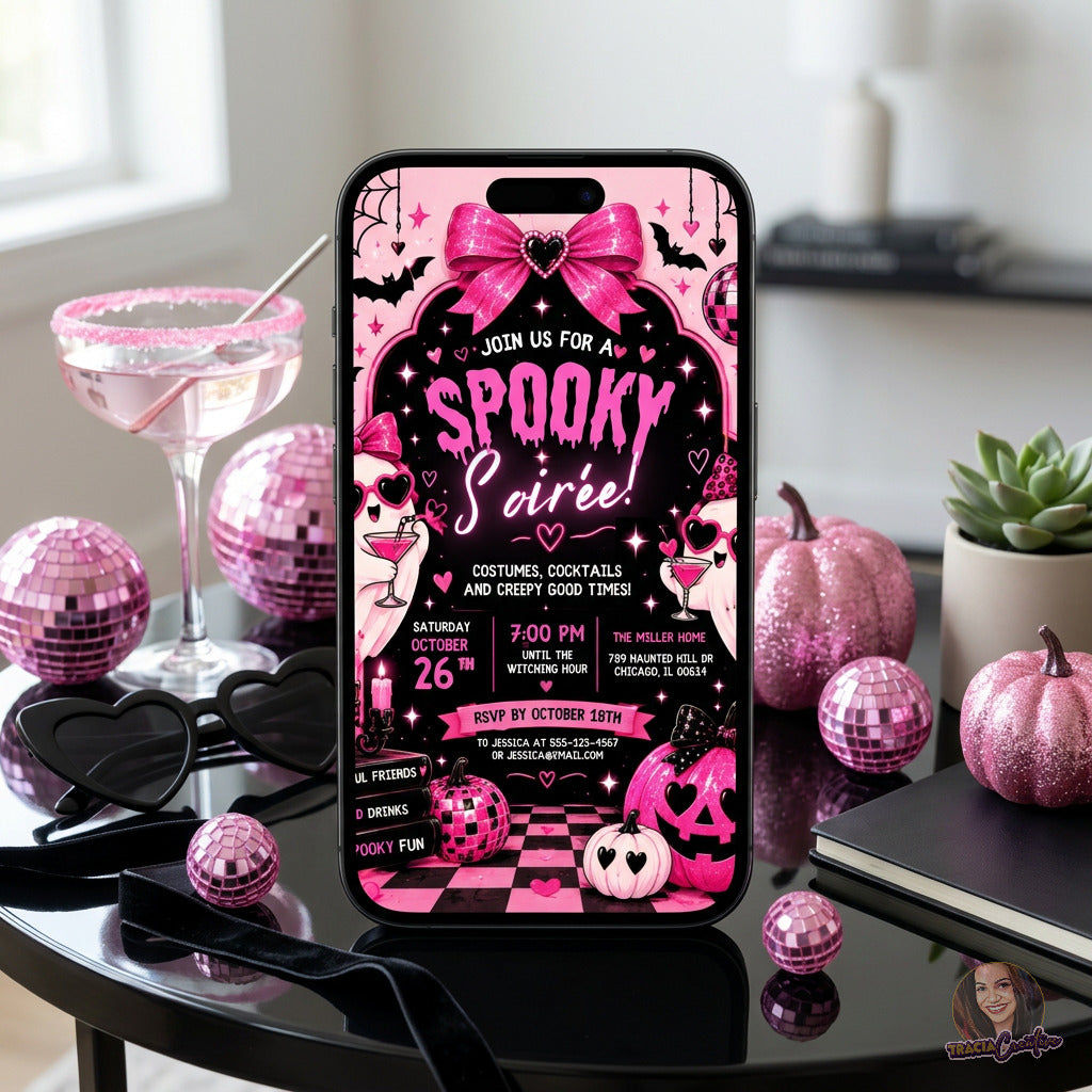 Pink Spooky Soiree invitation displayed on a phone beside disco balls and pink pumpkins