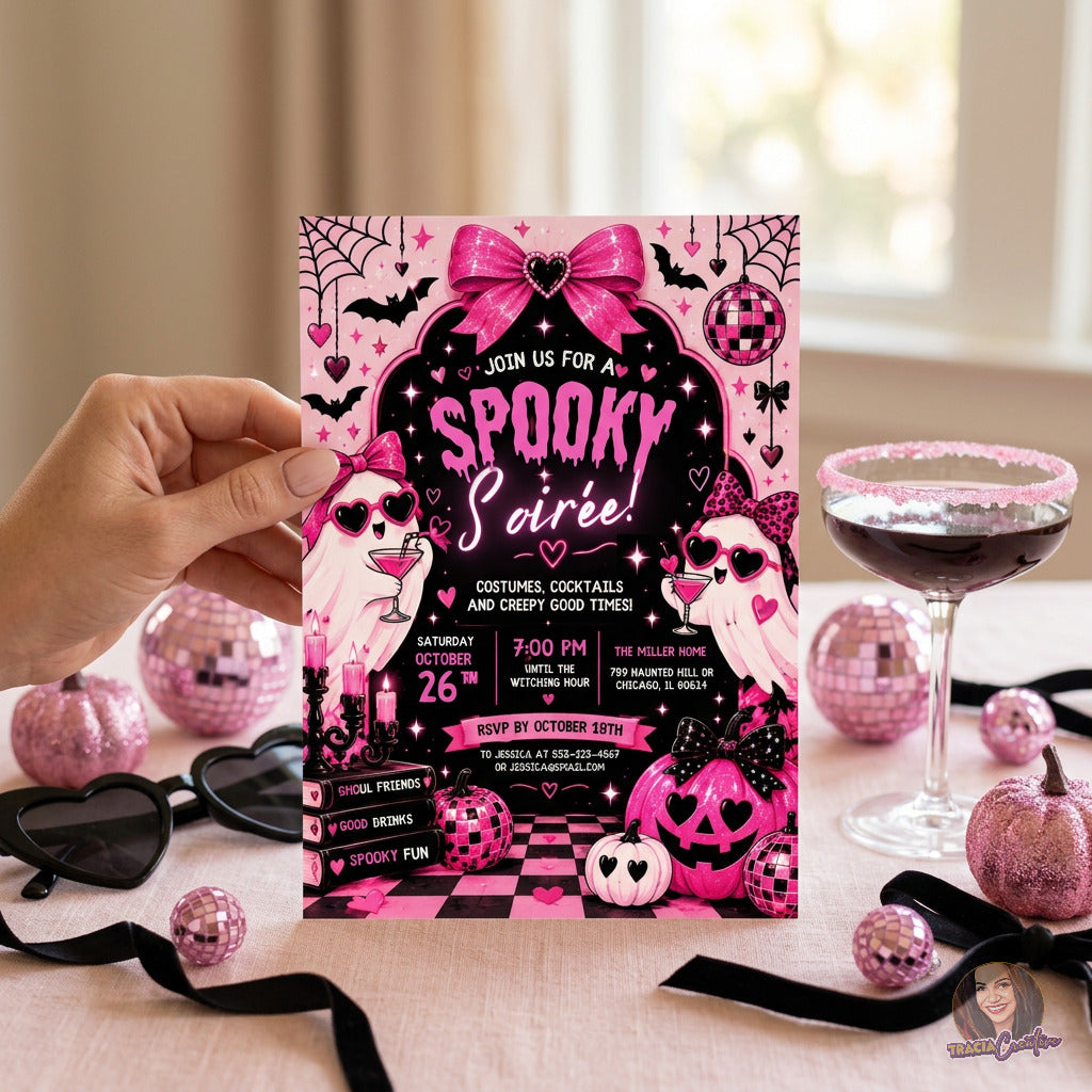 Hand holding a printed pink Spooky Soiree invitation beside pink party decorations