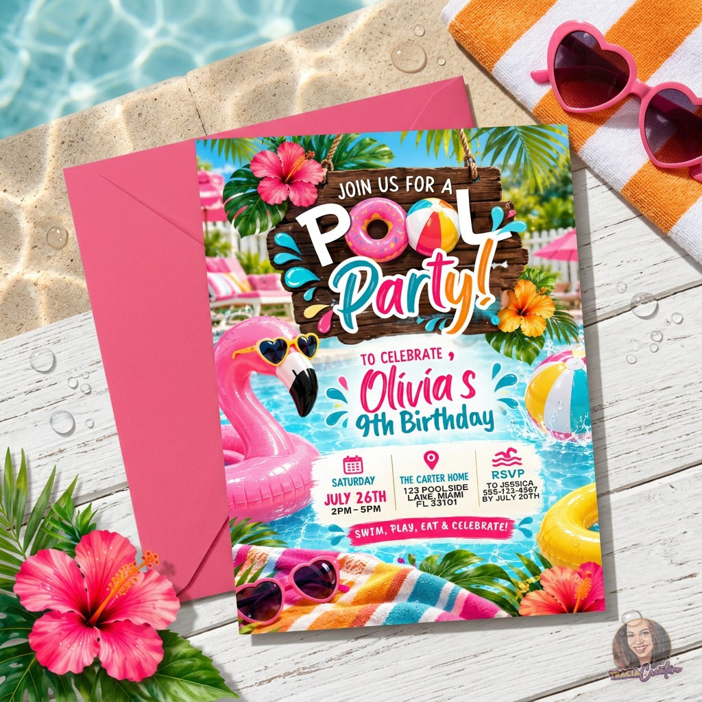 Pool Party Birthday Invitation Template, Tropical Flamingo Pool Birthday Invite, Editable Canva Summer Birthday Invitation, Printable 5x7