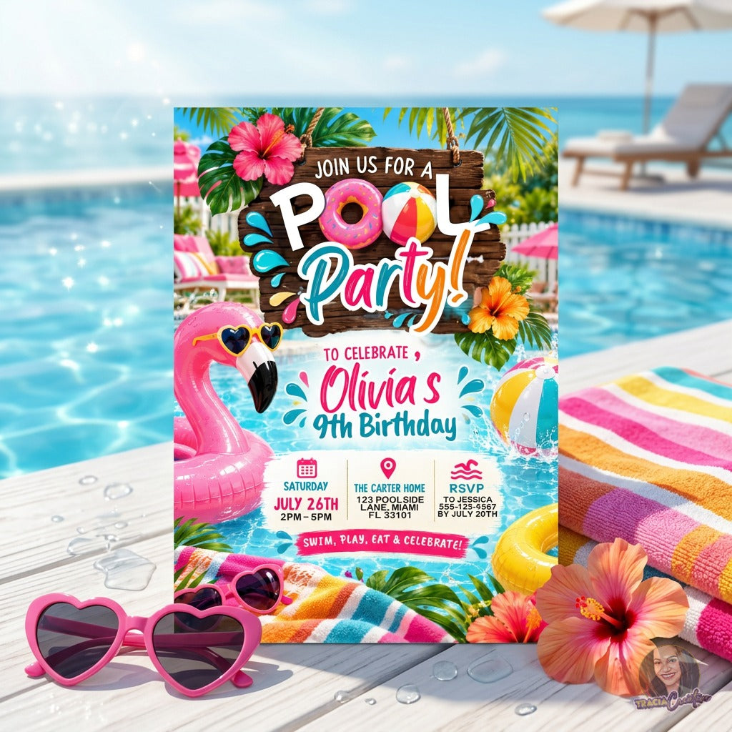 Pool Party Birthday Invitation Template, Tropical Flamingo Pool Birthday Invite, Editable Canva Summer Birthday Invitation, Printable 5x7