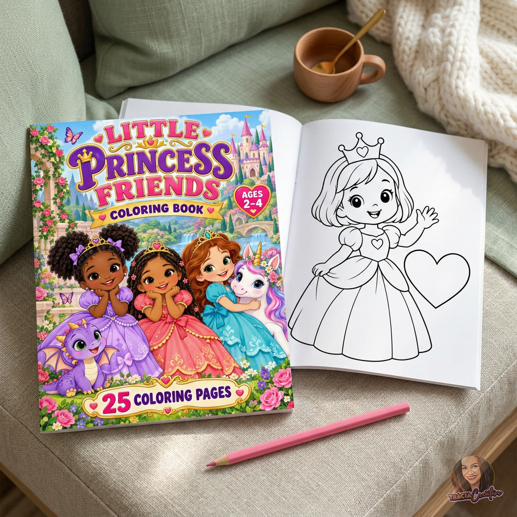 Open princess coloring-book mockup with a smiling princess outline beside the colorful cover.