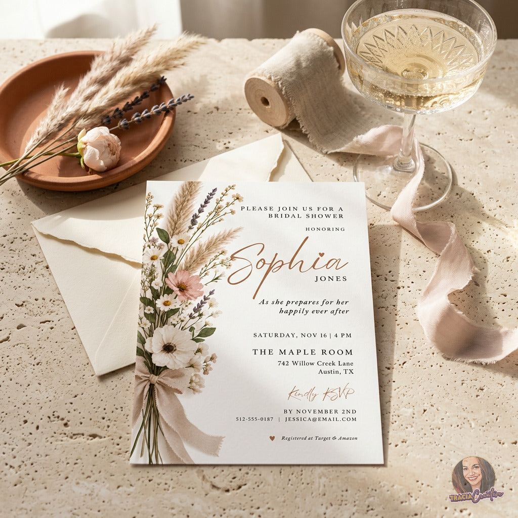 Rustic Wildflower Bridal Shower Invitation Template, Boho Pampas Grass Floral Invite, Editable Canva, Printable 5x7