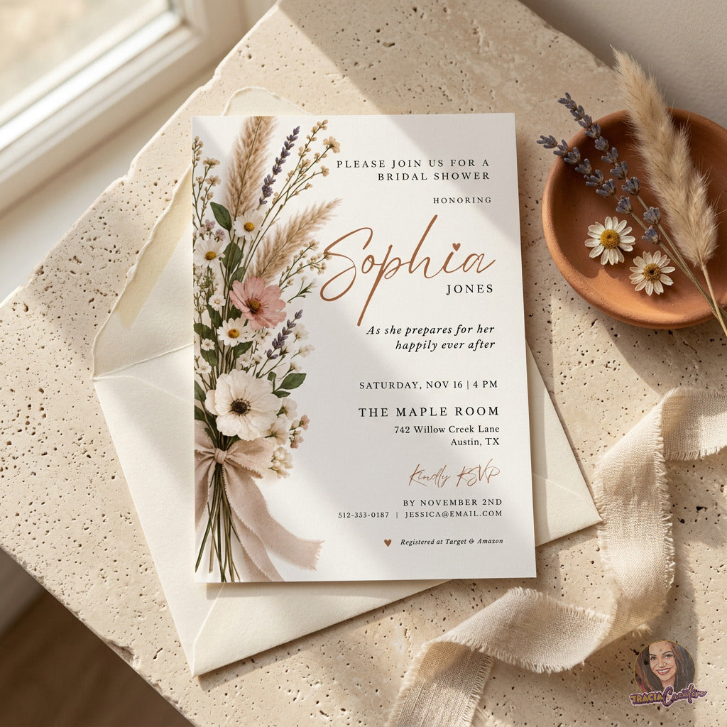 Rustic Wildflower Bridal Shower Invitation Template, Boho Pampas Grass Floral Invite, Editable Canva, Printable 5x7
