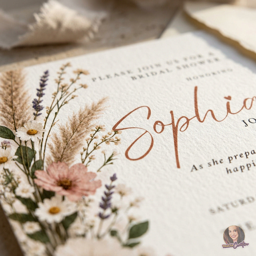 Rustic Wildflower Bridal Shower Invitation Template, Boho Pampas Grass Floral Invite, Editable Canva, Printable 5x7