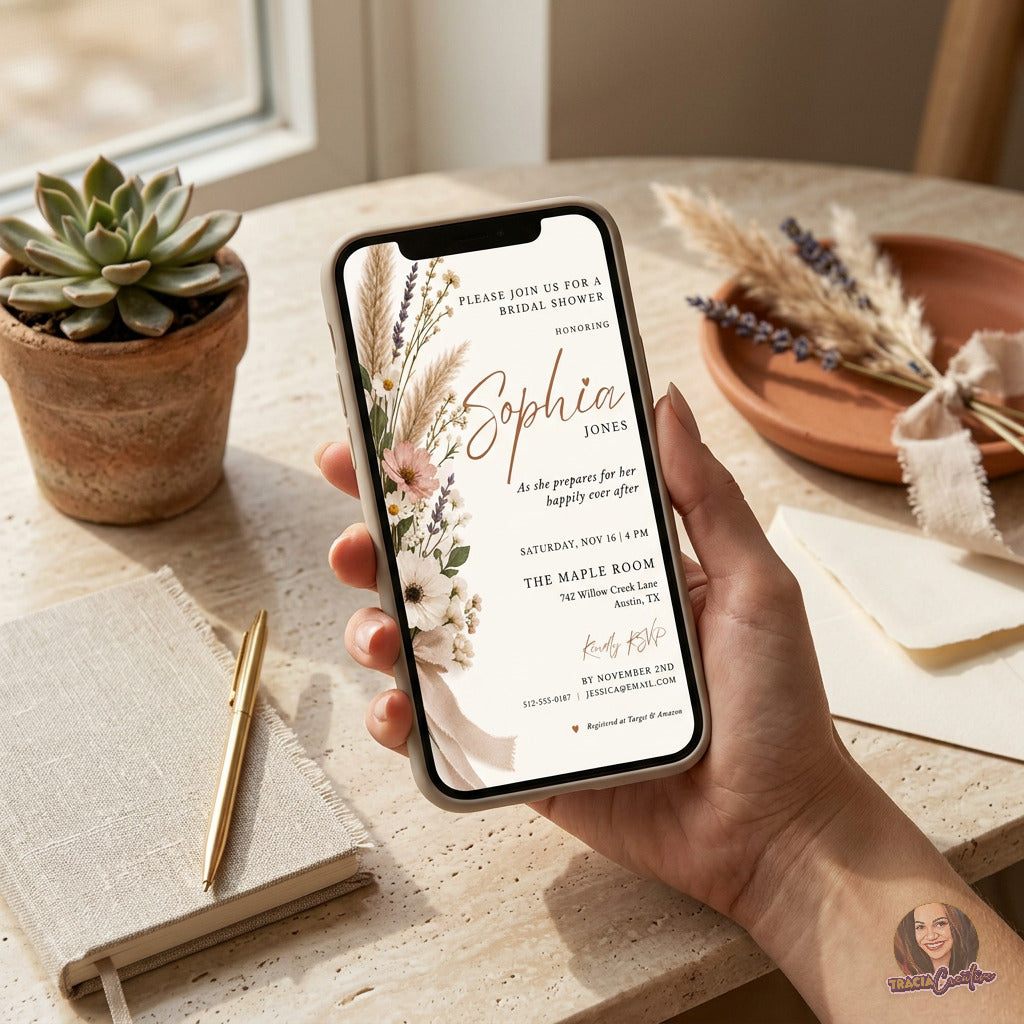 Rustic Wildflower Bridal Shower Invitation Template, Boho Pampas Grass Floral Invite, Editable Canva, Printable 5x7