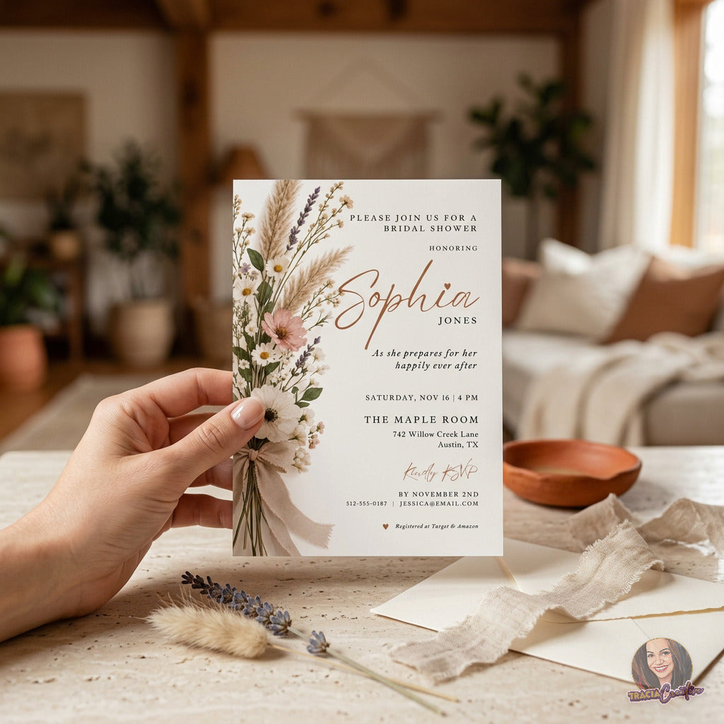Rustic Wildflower Bridal Shower Invitation Template, Boho Pampas Grass Floral Invite, Editable Canva, Printable 5x7