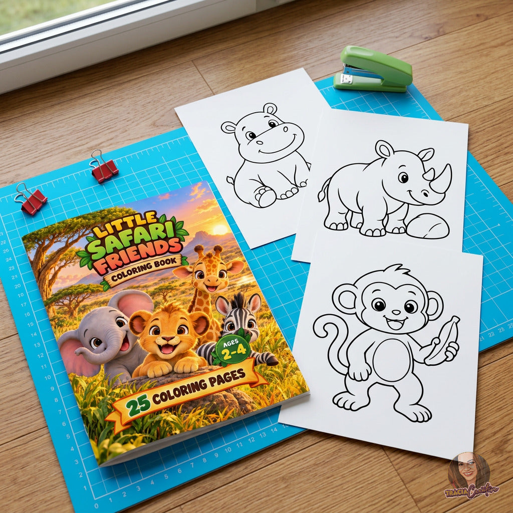 Safari coloring-book cover with hippo, rhinoceros and monkey outline pages on a blue craft mat.