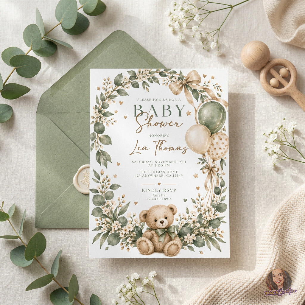 Sage Green Teddy Bear Baby Shower Invitation Template, Editable Canva Neutral Baby Shower Invite, 5x7