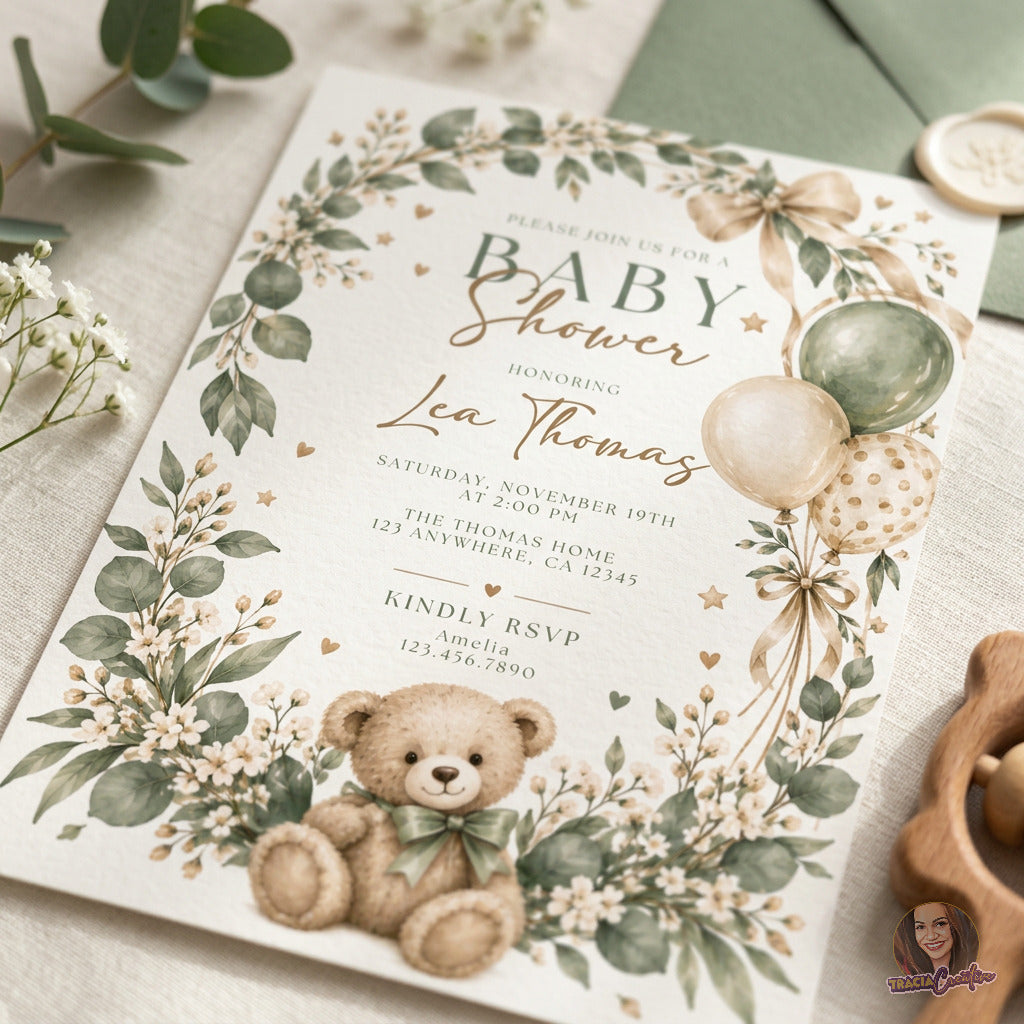 Sage Green Teddy Bear Baby Shower Invitation Template, Editable Canva Neutral Baby Shower Invite, 5x7
