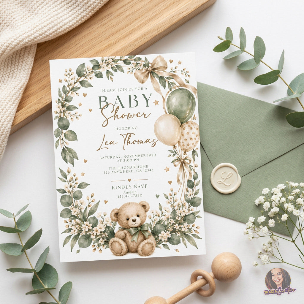 Sage Green Teddy Bear Baby Shower Invitation Template, Editable Canva Neutral Baby Shower Invite, 5x7