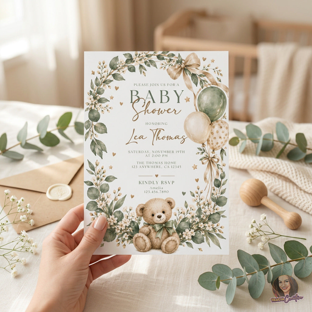Sage Green Teddy Bear Baby Shower Invitation Template, Editable Canva Neutral Baby Shower Invite, 5x7