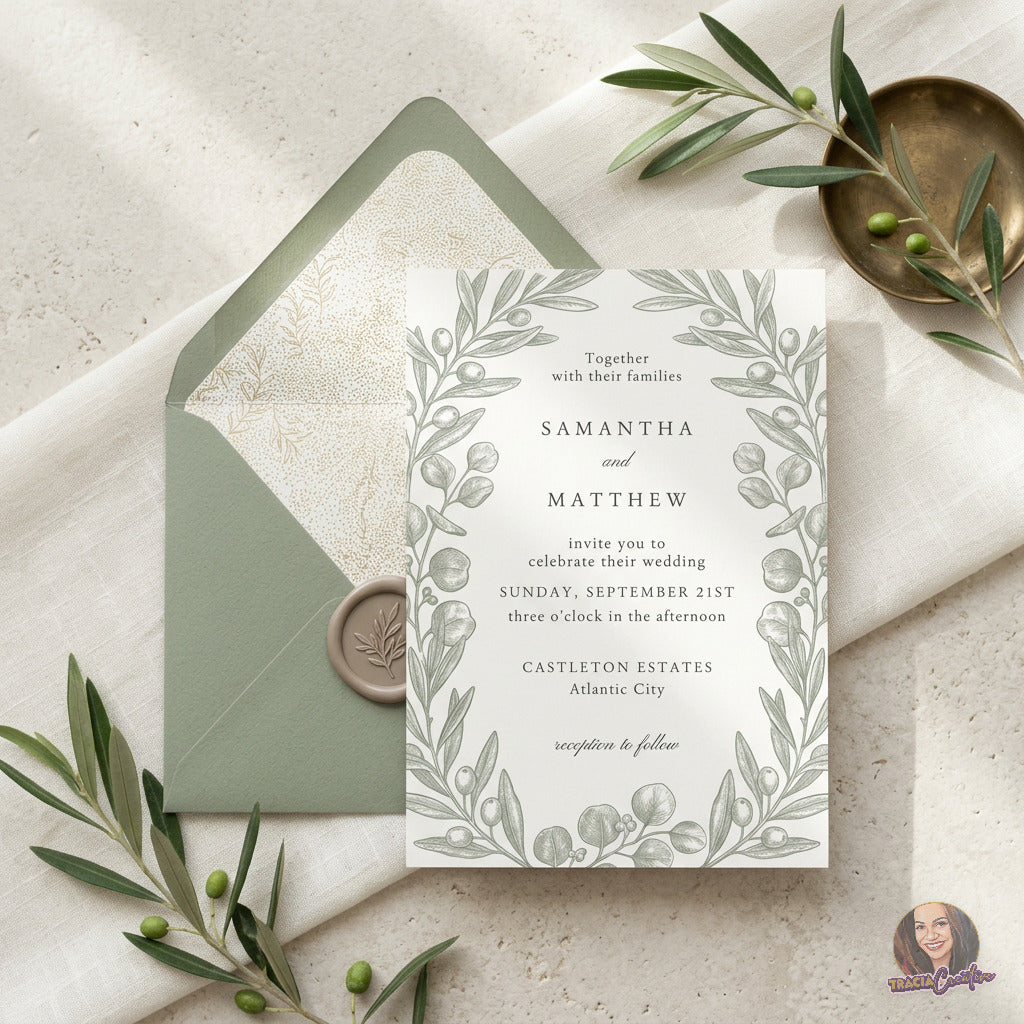 Sage Olive Branch Wedding Invitation Template, Botanical Editable Canva Wedding Invite, 5x7