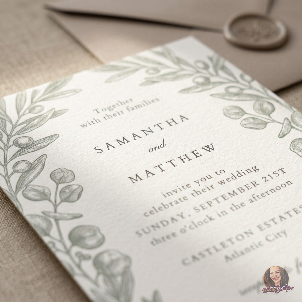 Sage Olive Branch Wedding Invitation Template, Botanical Editable Canva Wedding Invite, 5x7