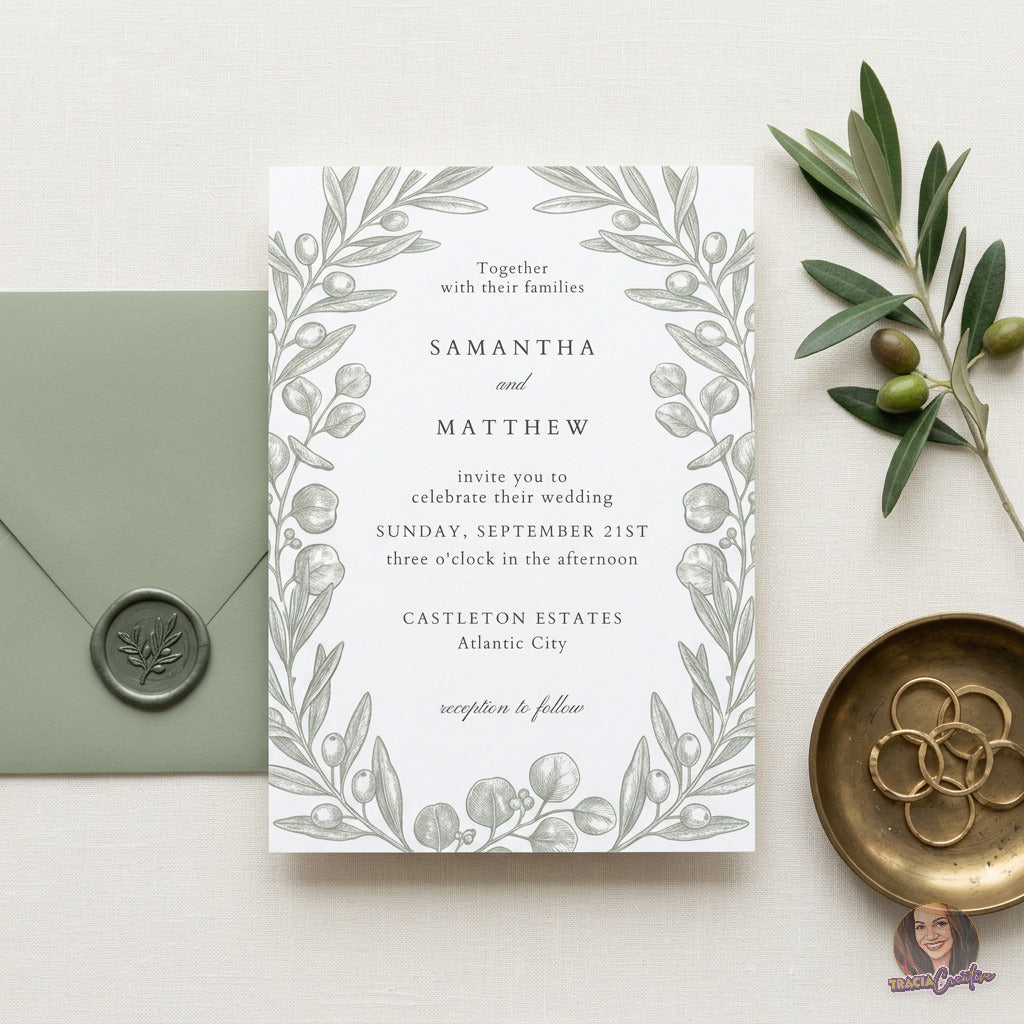 Sage Olive Branch Wedding Invitation Template, Botanical Editable Canva Wedding Invite, 5x7