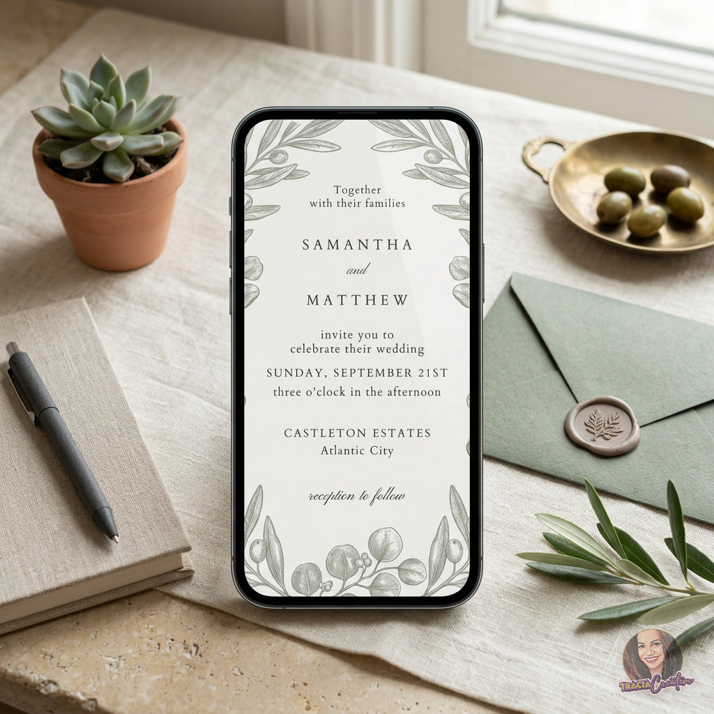 Sage Olive Branch Wedding Invitation Template, Botanical Editable Canva Wedding Invite, 5x7