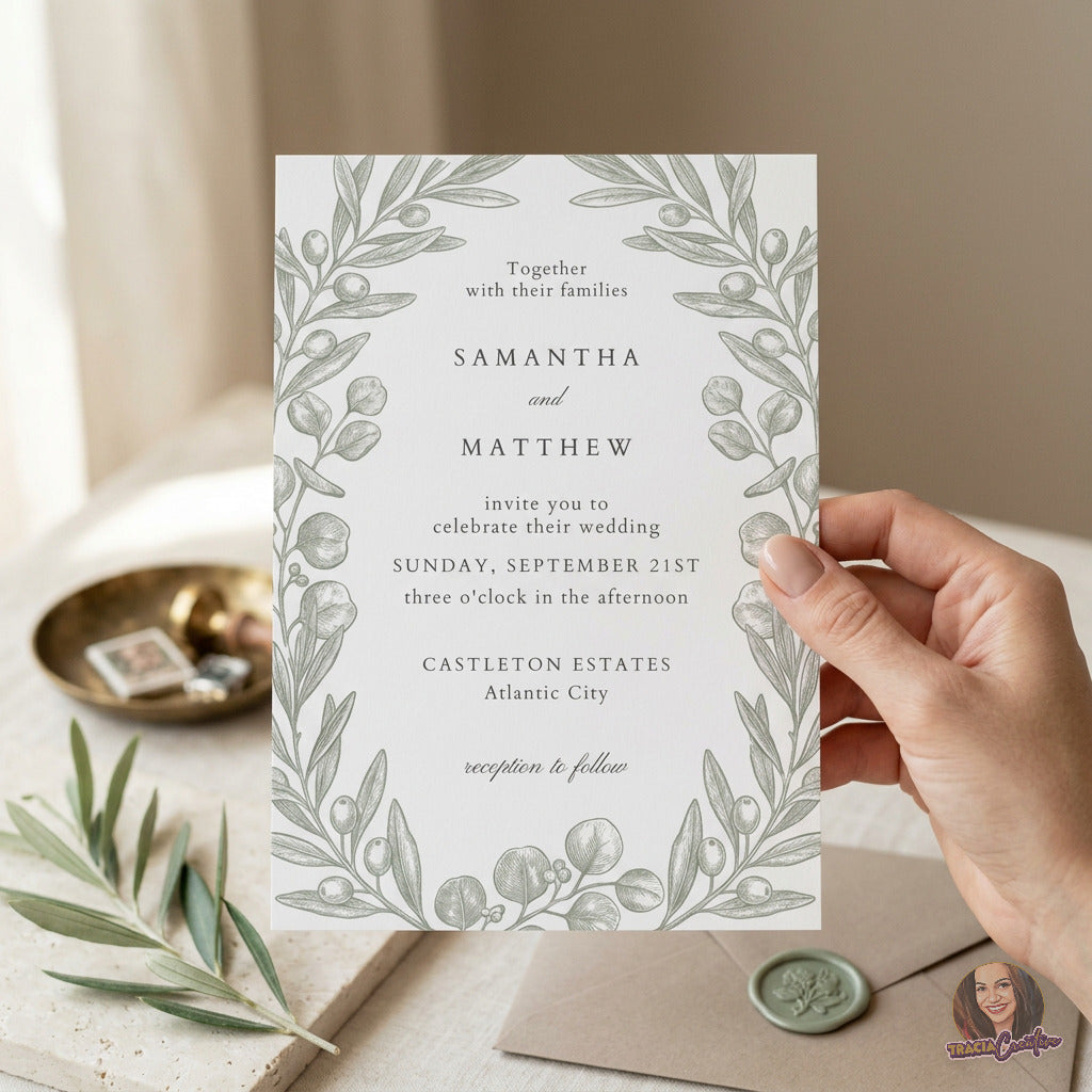 Sage Olive Branch Wedding Invitation Template, Botanical Editable Canva Wedding Invite, 5x7
