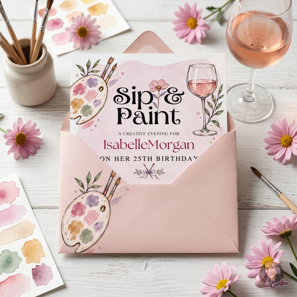 Sip and Paint birthday invitation with brushes, a paint palette, flowers and a wine glass, on a pink envelope.