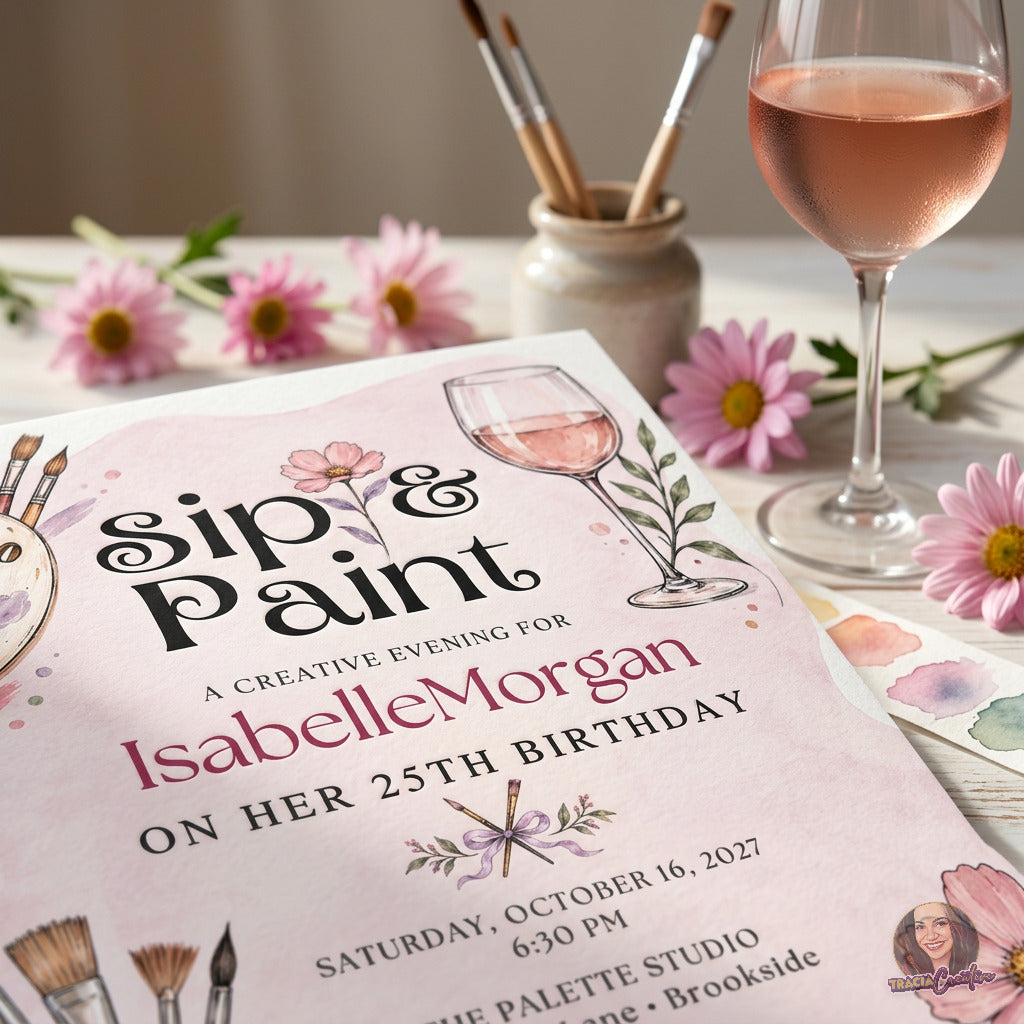 Sip and Paint birthday invitation with brushes, a paint palette, flowers and a wine glass, close-up of lettering and paintbrush artwork.