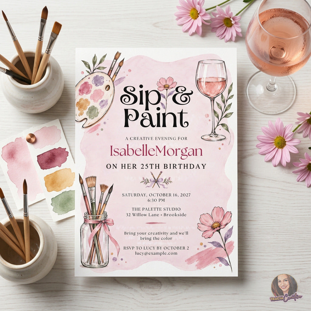 Sip and Paint birthday invitation with brushes, a paint palette, flowers and a wine glass, laid flat among brushes and paints.