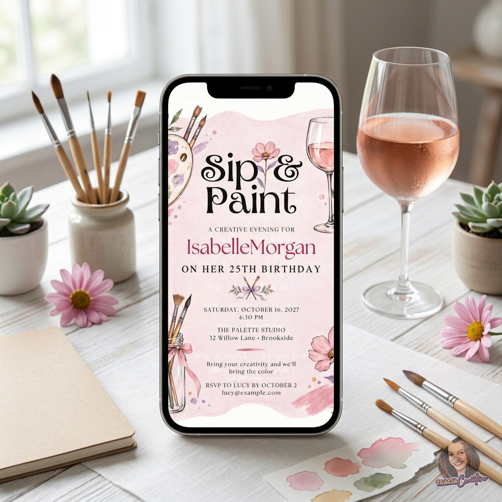 Sip and Paint birthday invitation with brushes, a paint palette, flowers and a wine glass, displayed on a phone.