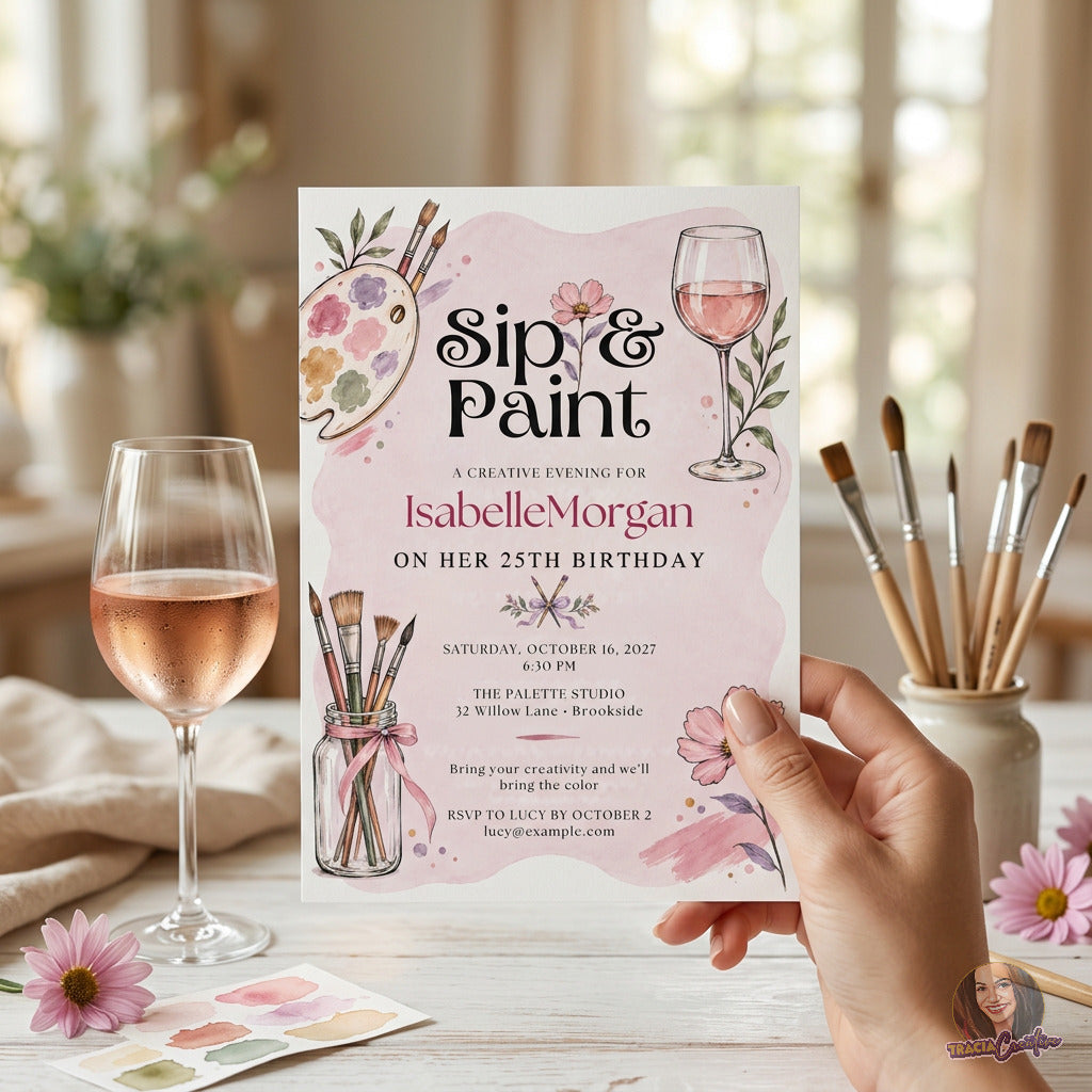 Sip and Paint birthday invitation with brushes, a paint palette, flowers and a wine glass, held in a hand.
