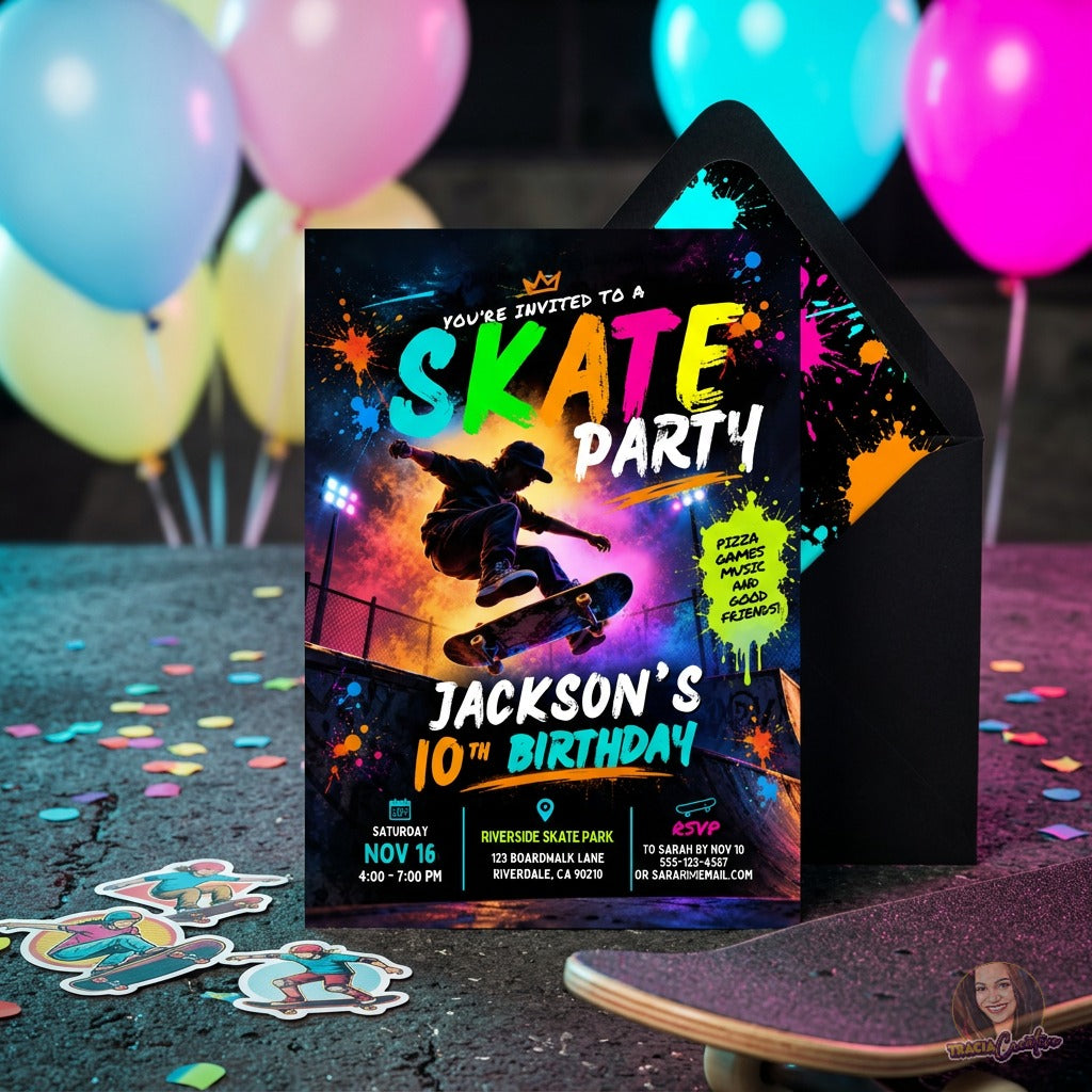 Skateboard 10th Birthday Invitation Template, Neon Skate Party Invite, Editable Canva Boys Birthday Invitation, Printable 5x7