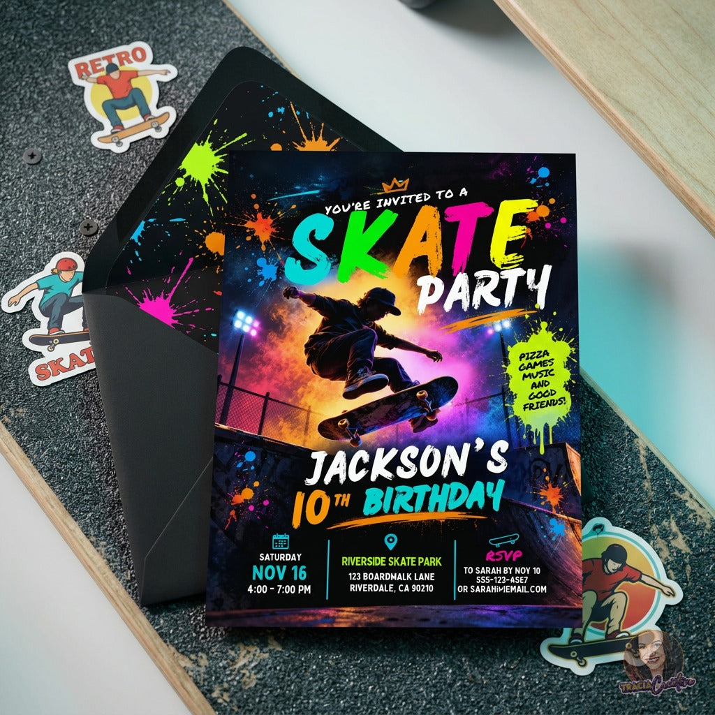 Skateboard 10th Birthday Invitation Template, Neon Skate Party Invite, Editable Canva Boys Birthday Invitation, Printable 5x7