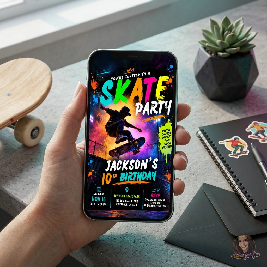 Skateboard 10th Birthday Invitation Template, Neon Skate Party Invite, Editable Canva Boys Birthday Invitation, Printable 5x7