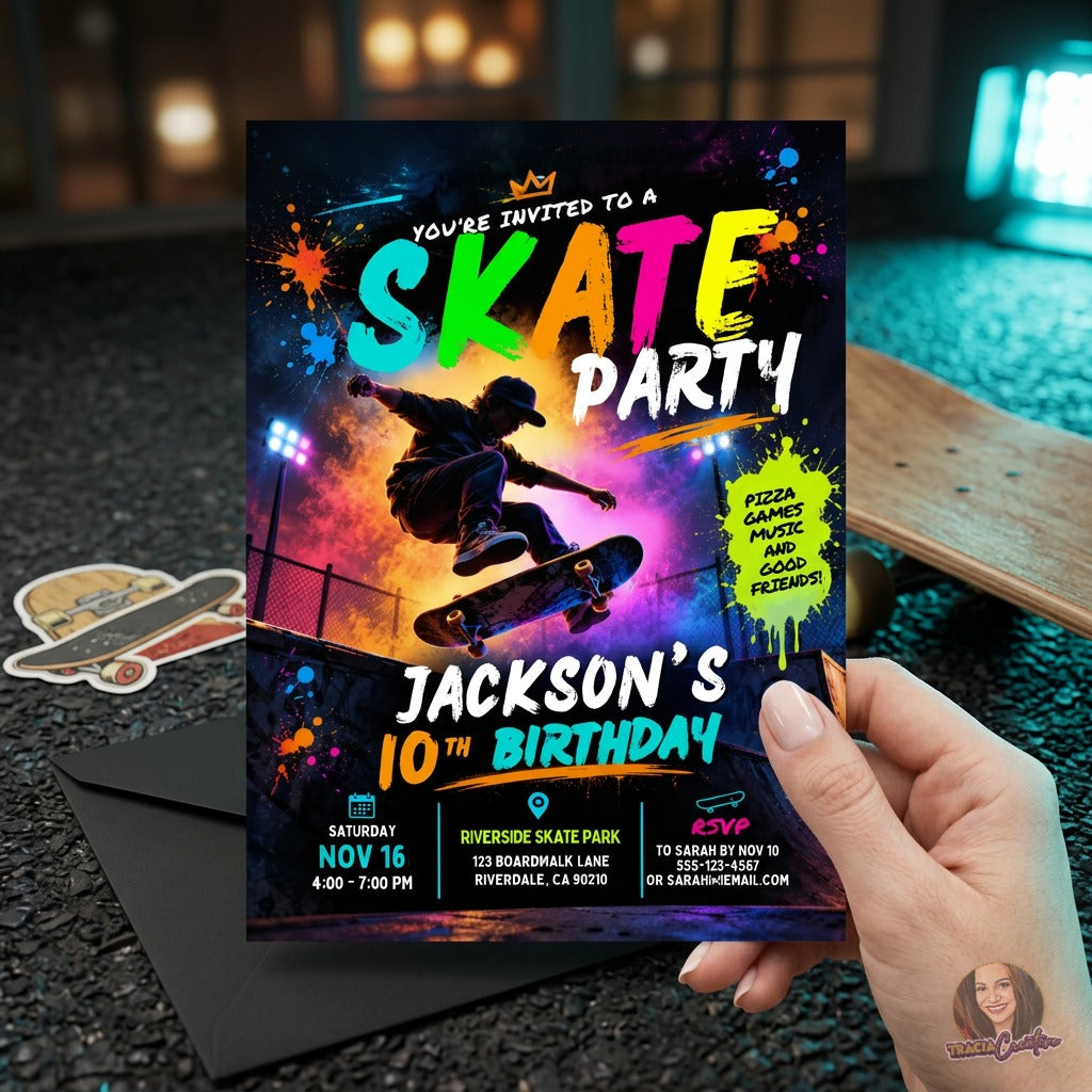 Skateboard 10th Birthday Invitation Template, Neon Skate Party Invite, Editable Canva Boys Birthday Invitation, Printable 5x7