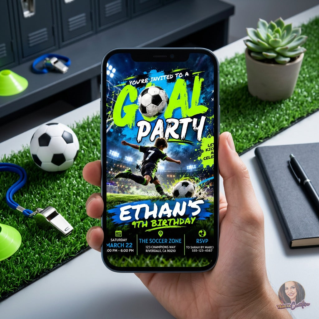 Soccer 9th Birthday Invitation Template, Neon Goal Party Invite, Editable Canva Boys Football Birthday Invitation, Printable 5x7