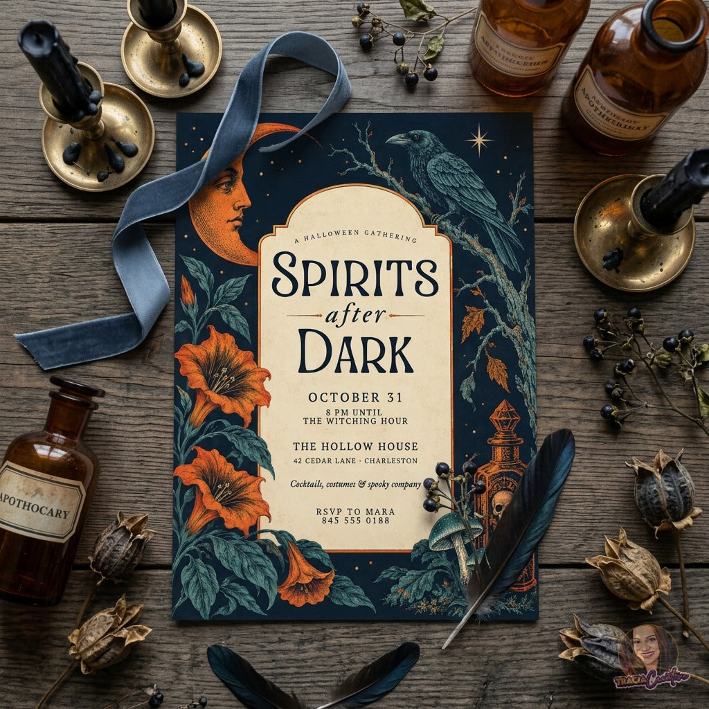 Spirits After Dark Halloween Party Invitation Template, Editable Canva Invite, Vintage Gothic Halloween Cocktail Party, Raven & Crescent Moon, 5x7