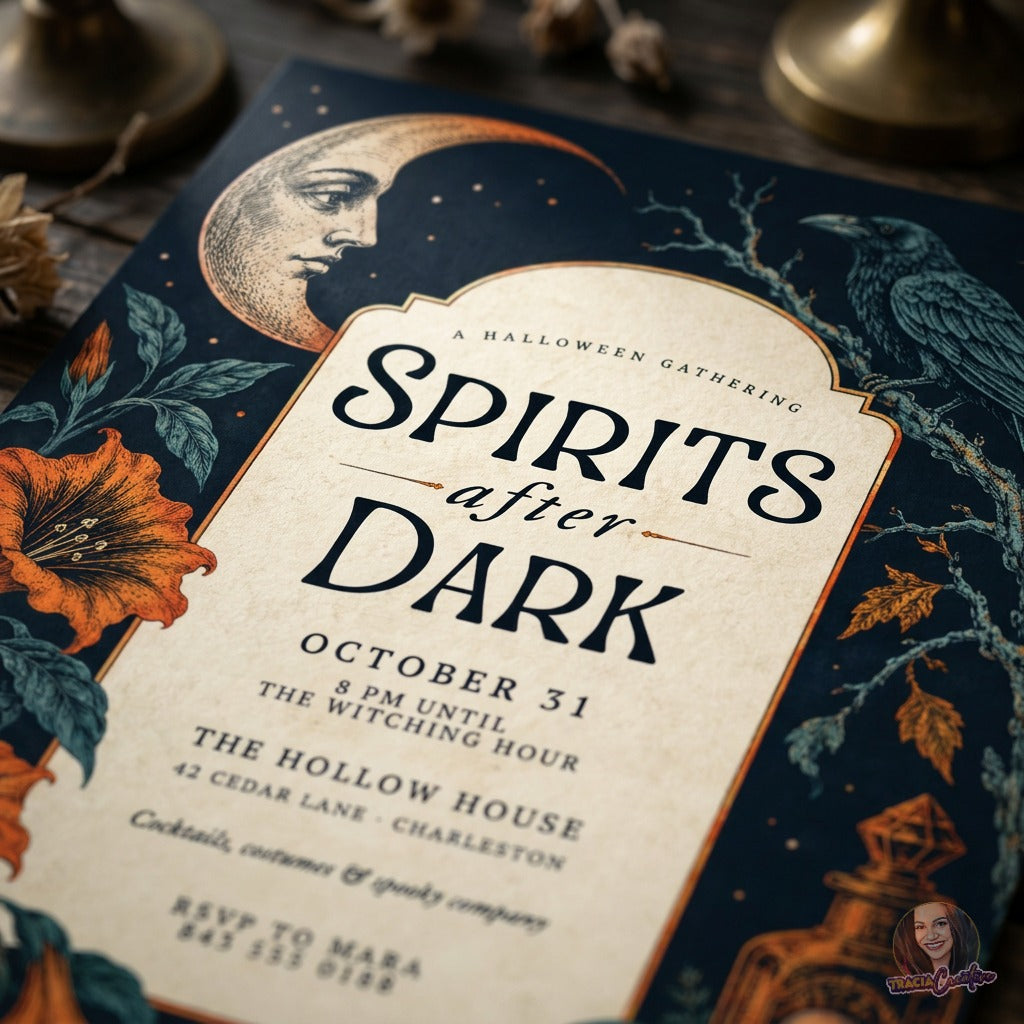Spirits After Dark Halloween Party Invitation Template, Editable Canva Invite, Vintage Gothic Halloween Cocktail Party, Raven & Crescent Moon, 5x7