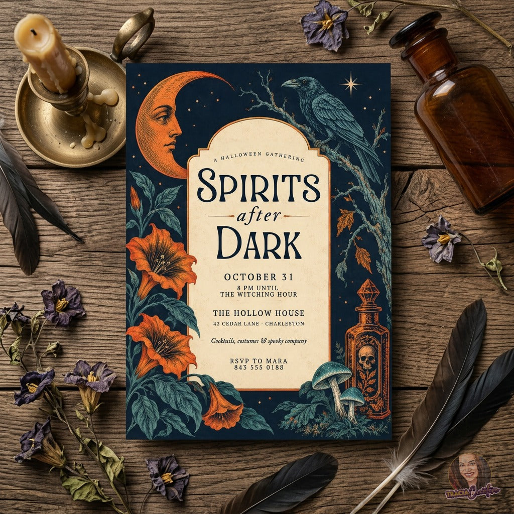 Spirits After Dark Halloween Party Invitation Template, Editable Canva Invite, Vintage Gothic Halloween Cocktail Party, Raven & Crescent Moon, 5x7
