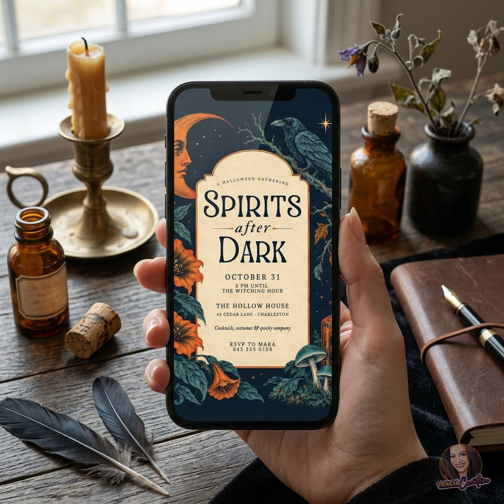 Spirits After Dark Halloween Party Invitation Template, Editable Canva Invite, Vintage Gothic Halloween Cocktail Party, Raven & Crescent Moon, 5x7
