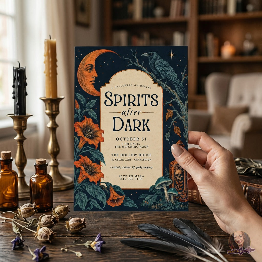 Spirits After Dark Halloween Party Invitation Template, Editable Canva Invite, Vintage Gothic Halloween Cocktail Party, Raven & Crescent Moon, 5x7