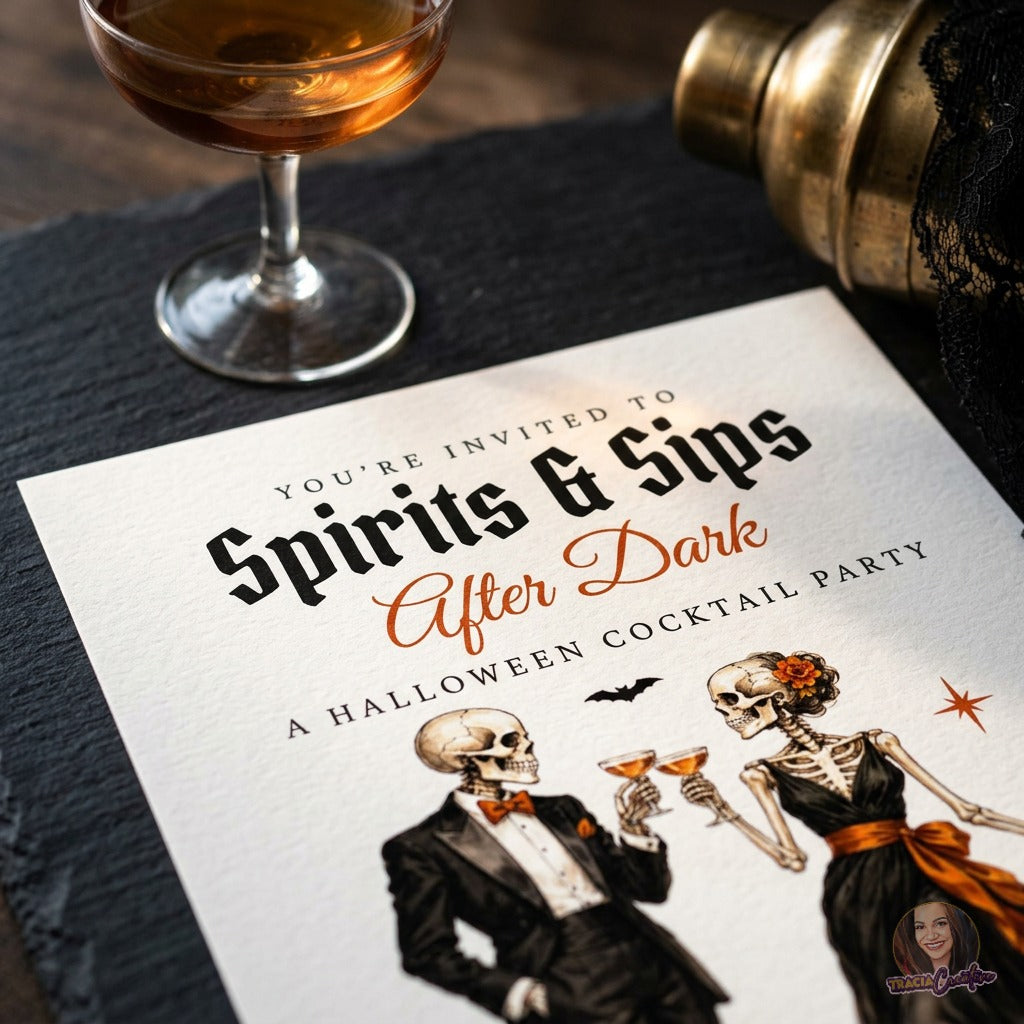 Angled close-up of the Spirits and Sips invitation showing black lettering and skeleton cocktail artwork.
